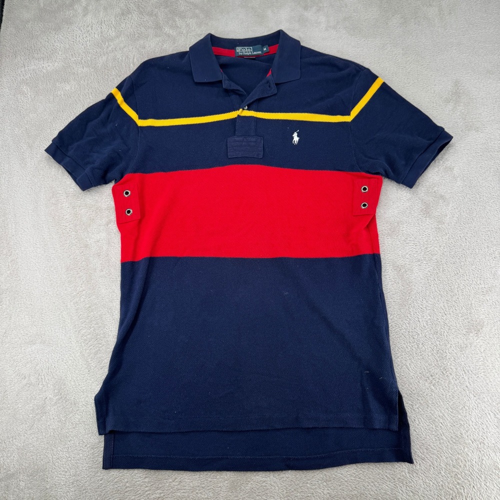 Polo Ralph Lauren Mens Medium Navy Blue Red Yellow Stripe Polo Preowned Stains